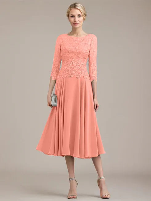 A-Linien Kleid mit Rundhalsausschnitt, tea-länge, Spitze und Chiffon, Mutter der Braut Kleid