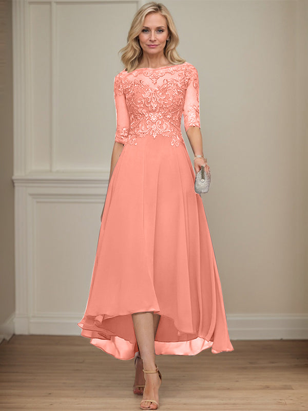 A-Linien Bootsausschnitt Illusionskleid mit asymmetrischem Chiffon-Spitzenstoff, Mutter-der-Braut-Kleid mit Paillettenperlen