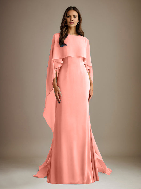 Etuikleid/Säulenkleid Bootsausschnitt bodenlanges Chiffon Mutter-des-Braut-Kleid mit kaskadierenden Rüschen