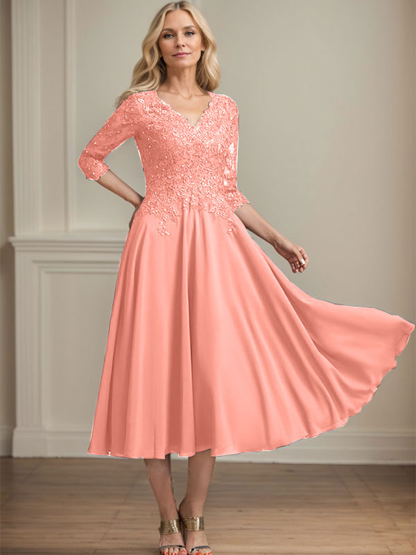 Robe de mère de la mariée en mousseline longueur thé, ligne A, col en V, en dentelle avec perles et sequins