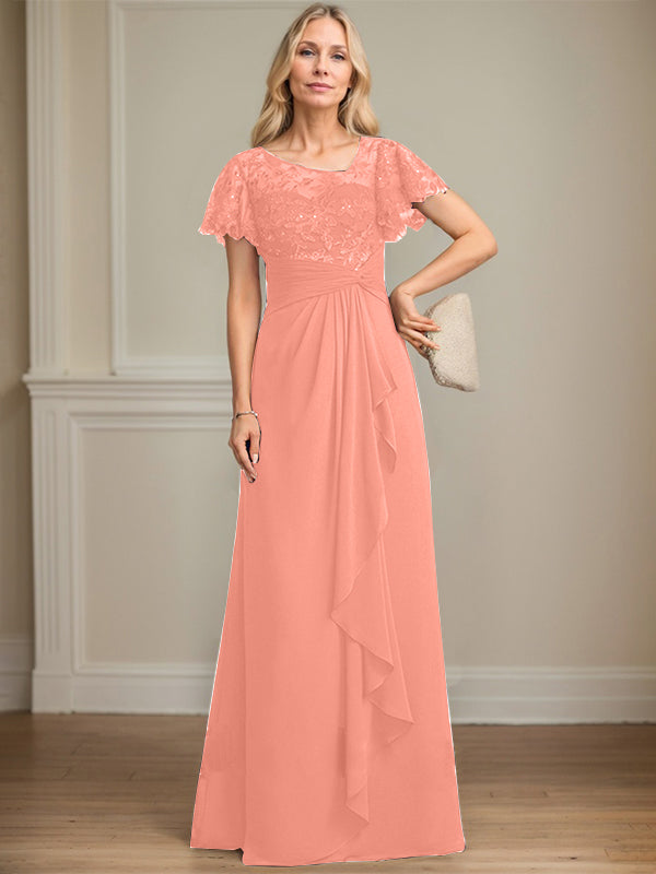 A-Linie asymmetrisches Illusions bodenlanges Spitzen-Chiffon Brautmutterkleid mit kaskadierenden Volants und Pailletten