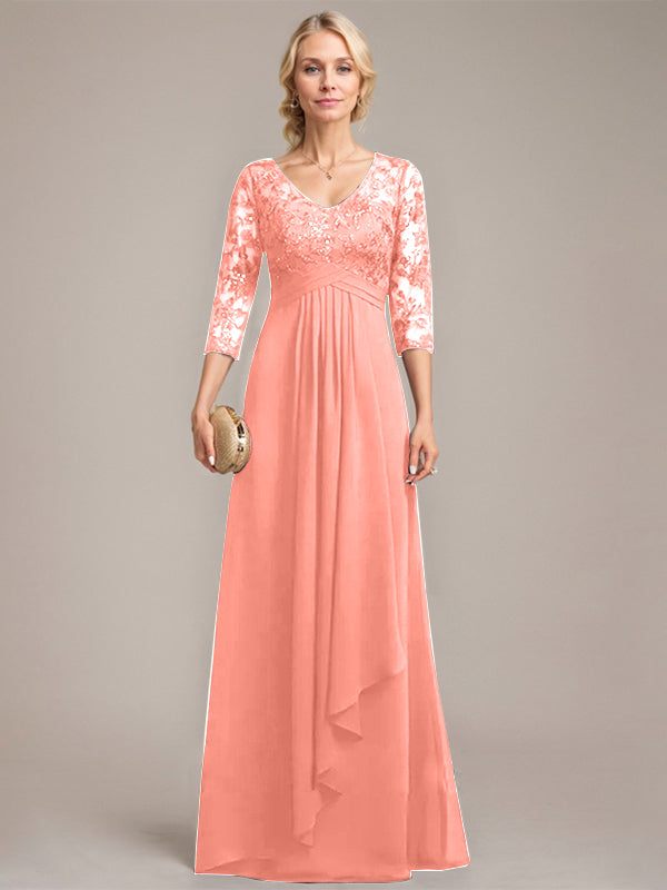 A-Linien V-Ausschnitt bodenlanges Spitzen-Chiffonkleid für die Mutter der Braut mit kaskadierenden Rüschen und Pailletten