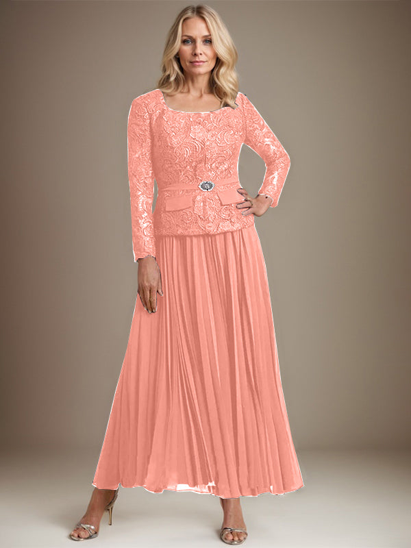 A-Linien-Kleid mit quadratischem Ausschnitt, knöchellang, Chiffon, Mutter der Braut, mit Falten