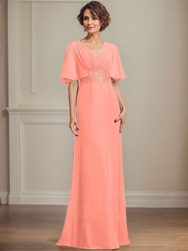 A-Linien Chiffon Mutter-der-Braut-Kleid mit V-Ausschnitt, bodenlang, mit plissierten Pailletten-Applikationen und Spitze