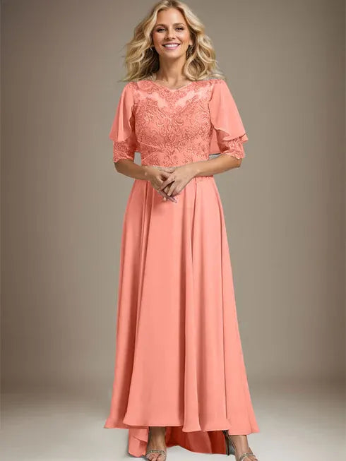 A-Linien Kleid mit Scoop-Ausschnitt, Illusion, asymmetrischem Chiffon und Spitzen, Mutter-der-Braut-Kleid mit Perlenbesatz