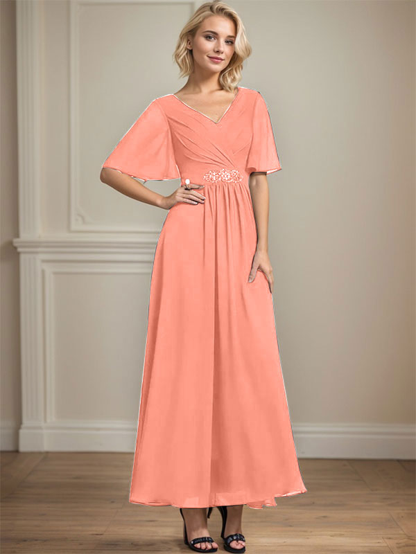 A-Linien V-Ausschnitt Knöchellanges Chiffon Kleid für die Brautmutter mit plissierten Perlen und Pailletten