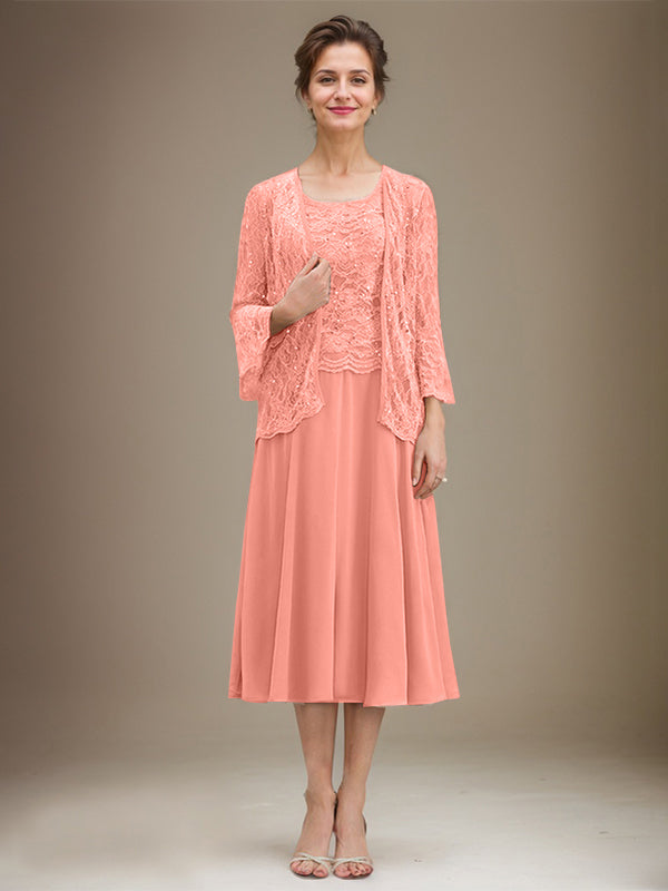 A-Linien Spitzen-Chiffon-Brautmutterkleid mit V-Ausschnitt, tea-length, mit Pailletten