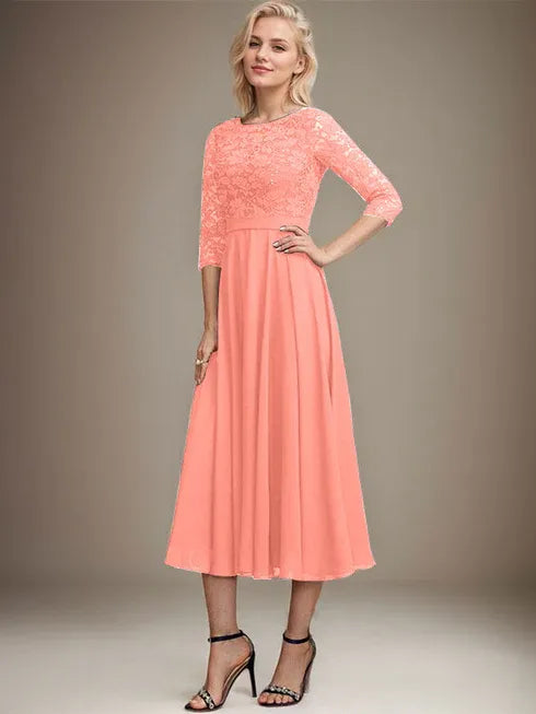 A-Linien Spitzen-Chiffon-Brautmutterkleid mit V-Ausschnitt, tea-length, mit Pailletten