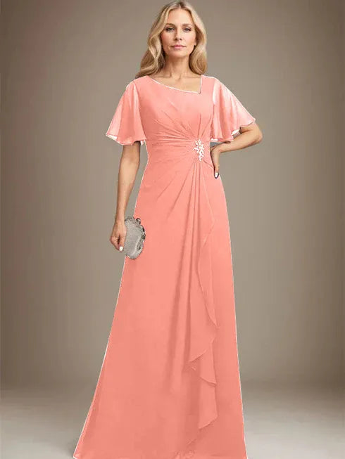 A-Linien asymmetrisches bodenlanges Chiffon Mutter-der-Braut-Kleid mit plissierten Perlen und Pailletten