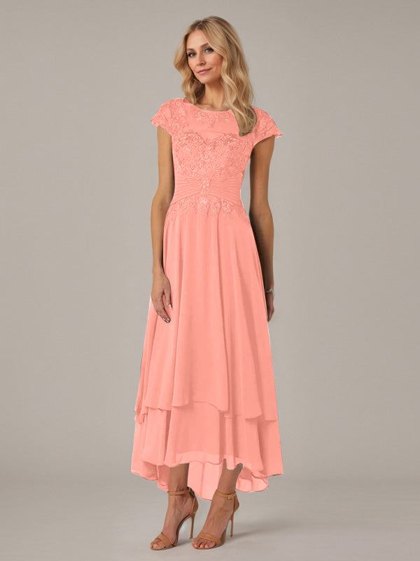 A-Linien Boot-Ausschnitt Illusions asymmetrisches Chiffon-Spitzen Mutterkleid der Braut mit Applikationsfalten