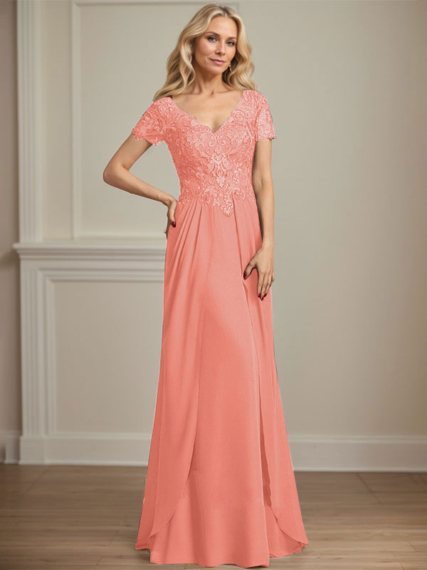 A-Linien Chiffon-Spitzen-Mutter-der-Braut-Kleid mit V-Ausschnitt, bodenlang