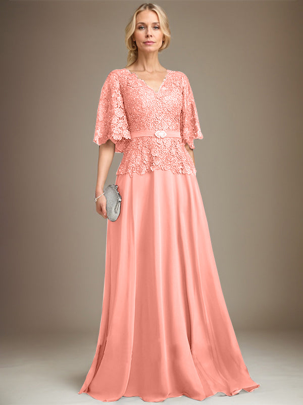 A-Linien V-Ausschnitt Bodenlanges Chiffon-Spitzen Mutter-der-Braut-Kleid mit Kristallbrosche und Strass