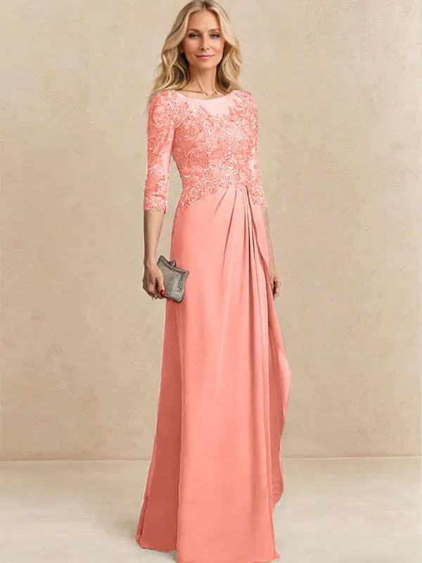 Vestido para la madre de la novia línea A con escote redondo ilusión, largo hasta el suelo, de gasa y encaje con cuentas, lentejuelas y volantes en cascada