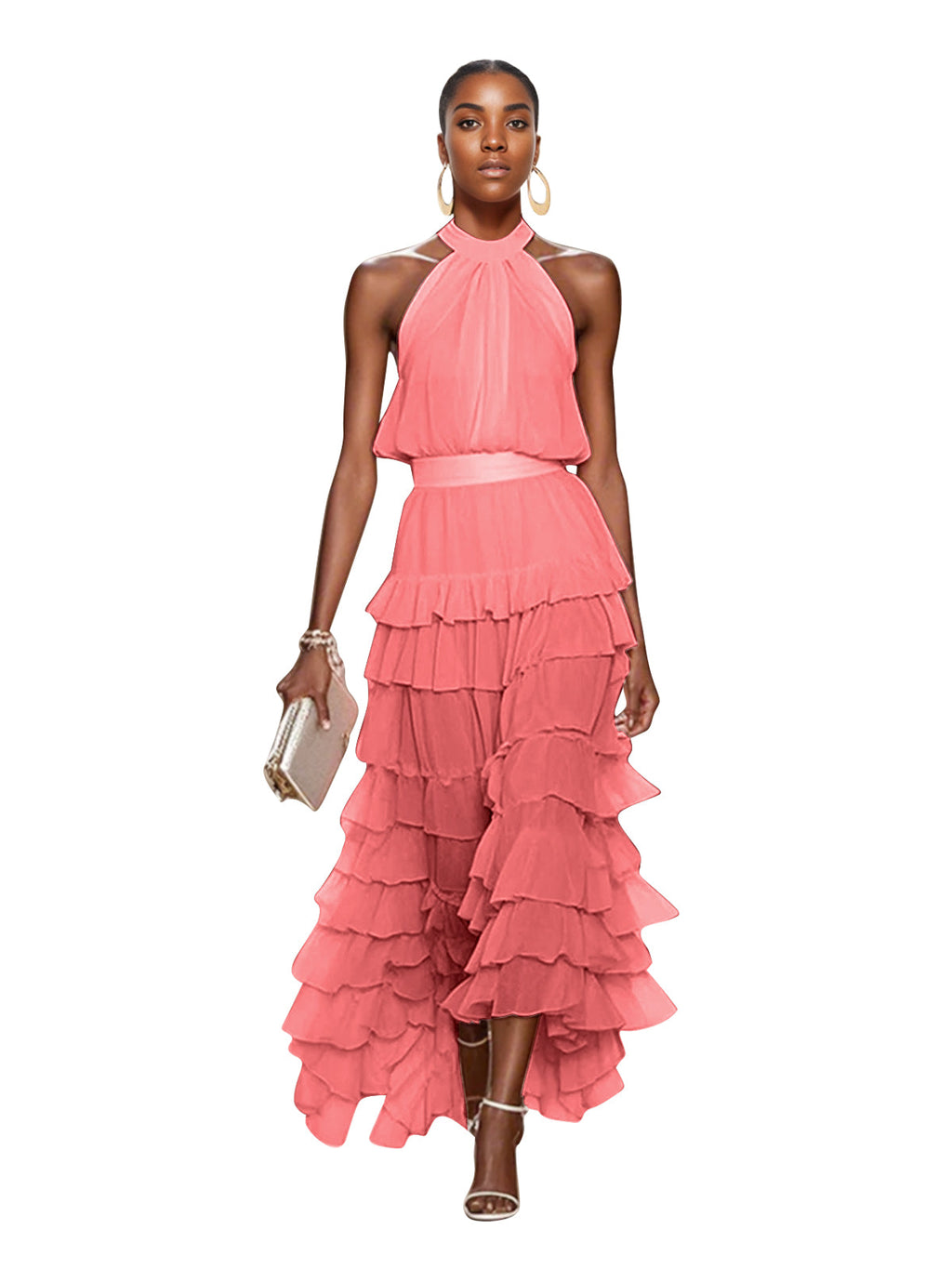 A Line Pink Chiffon Halter Neck Sleeveless Ankle Length Dress With Cascading Ruffles