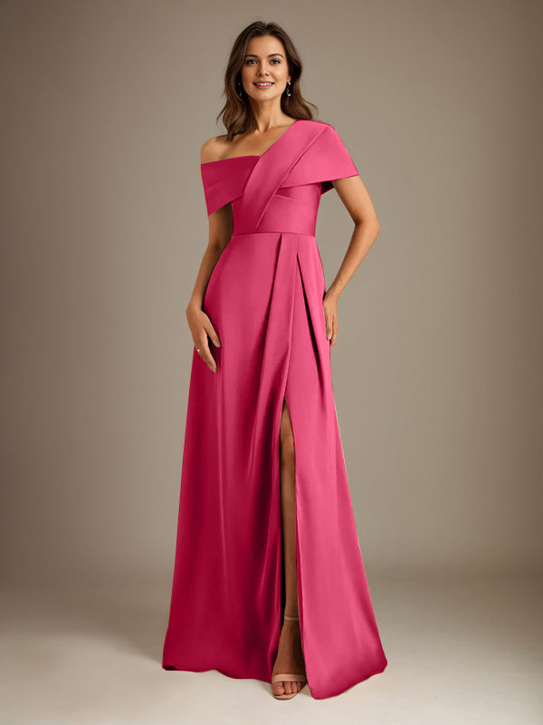 A-Linien asymmetrischer Ausschnitt bodenlanges Satin-Brautkleid für die Brautmutter mit Falten