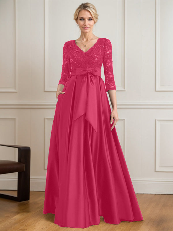 Robe mère de la mariée en satin et dentelle, coupe trapèze, col en V, longue avec nœud à sequins