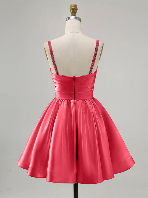 Coral A-Line Spaghetti Straps Beaded Satin Short Homecoming Dress