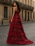 Robe de bal longue à volants avec corset et appliques florales 3D