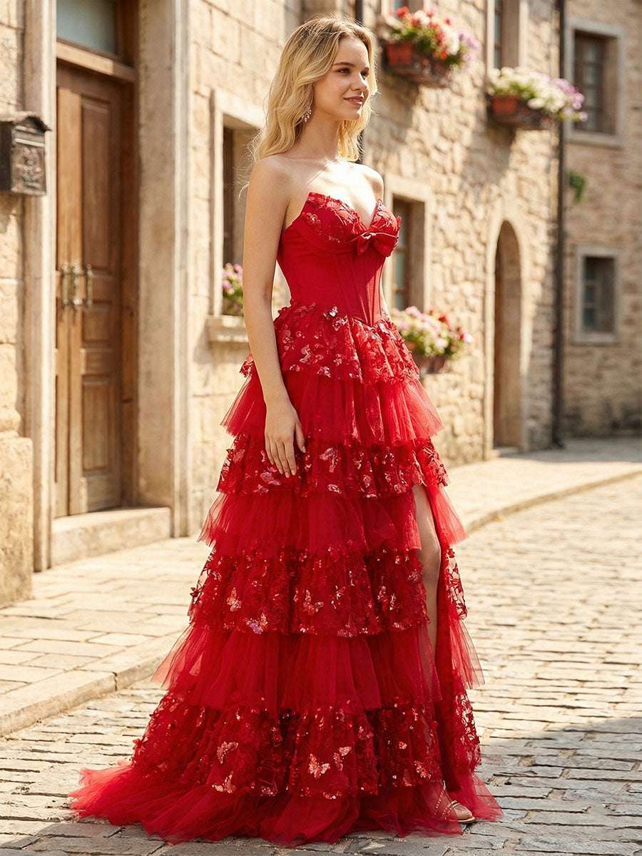 Corset Bodice Tiered Long Prom Dress with 3D Floral Appliqués