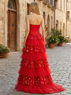 Red Corset Bodice Tiered Long Prom Dress with 3D Floral Appliqués