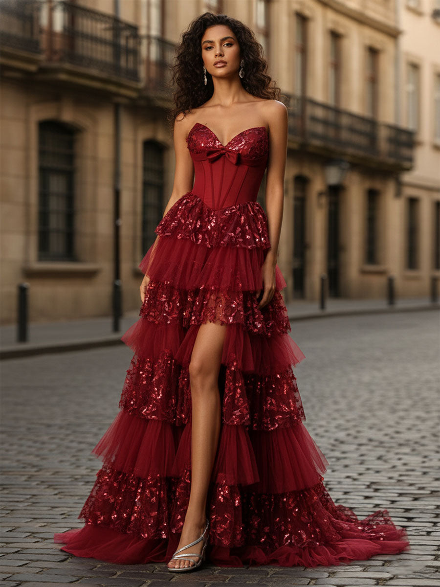 Red Corset Bodice Tiered Long Prom Dress with 3D Floral Appliqués