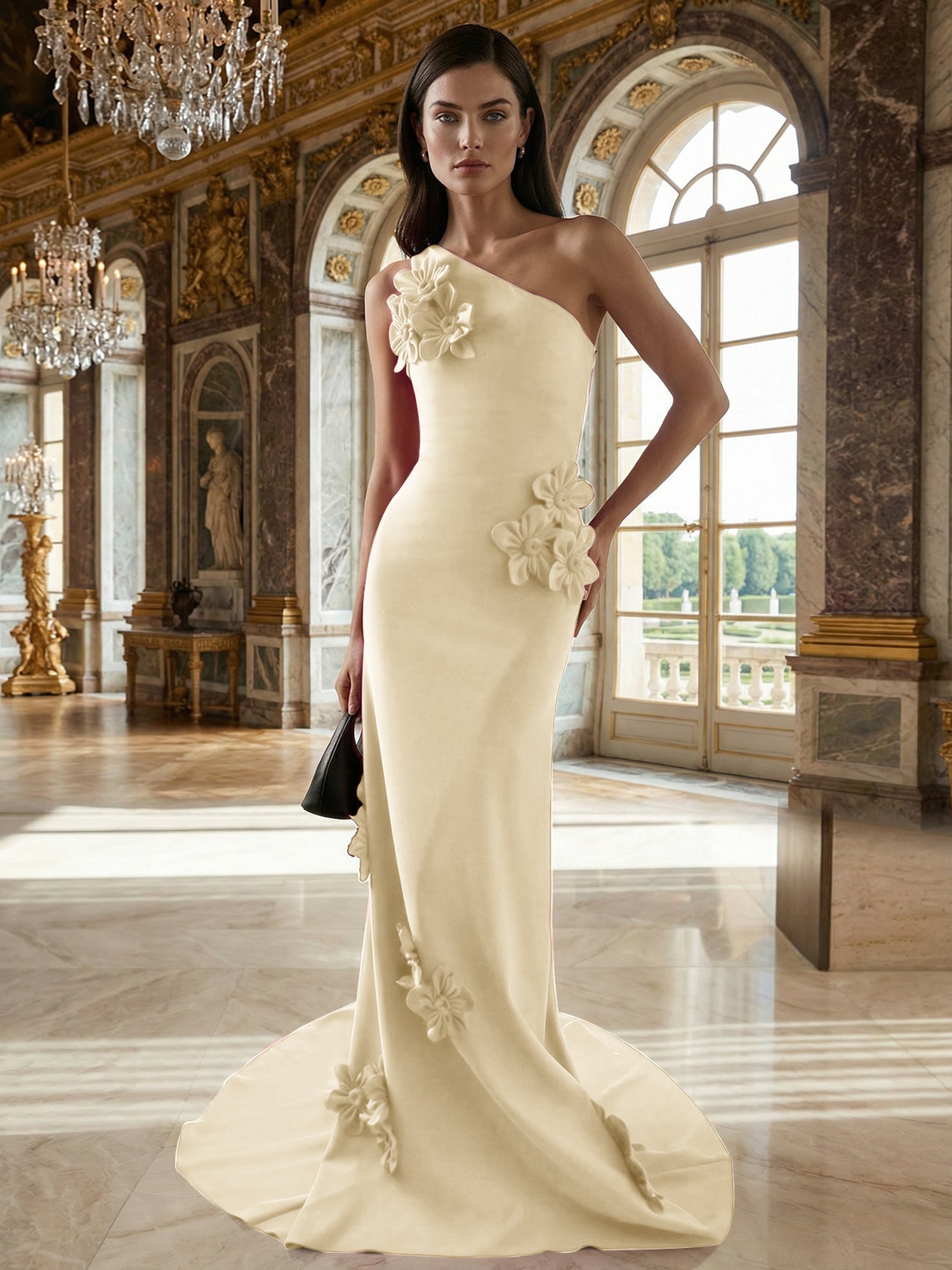 A Line One Shoulder Sleeveless Floor Length Stretch Crepe Dress With 3D Flowers