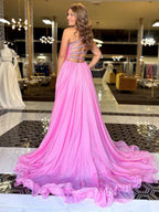 Abito da ballo in chiffon con una spalla, perline di cristallo e spacco alto