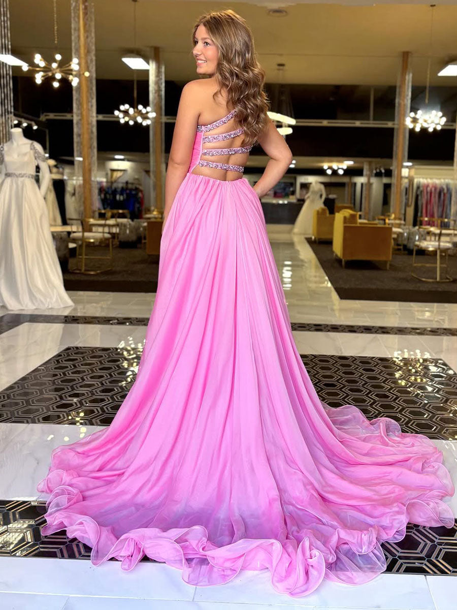 Abito da ballo in chiffon con una spalla, perline di cristallo e spacco alto