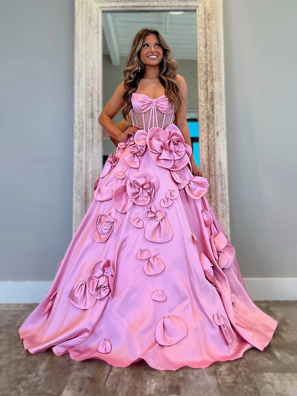 Pink A-Line Bodice 3D Flowers Spaghetti Long Prom Dress