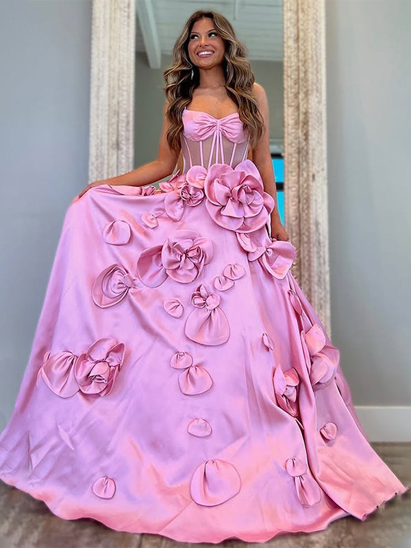Pink A-Line Bodice 3D Flowers Spaghetti Long Prom Dress