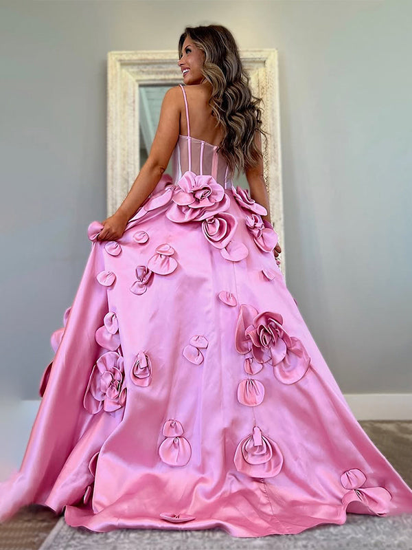 Pink A-Line Bodice 3D Flowers Spaghetti Long Prom Dress