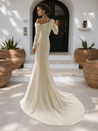 Long Sleeves Beach Wedding Dresses with Flower Mermaid Bridal Dress with Train