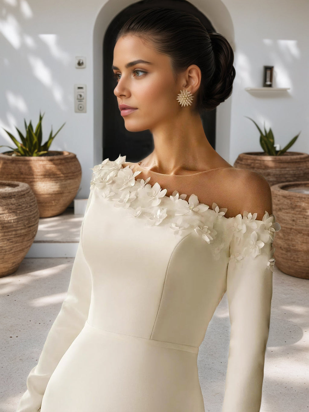 Long Sleeves Beach Wedding Dresses with Flower Mermaid Bridal Dress with Train