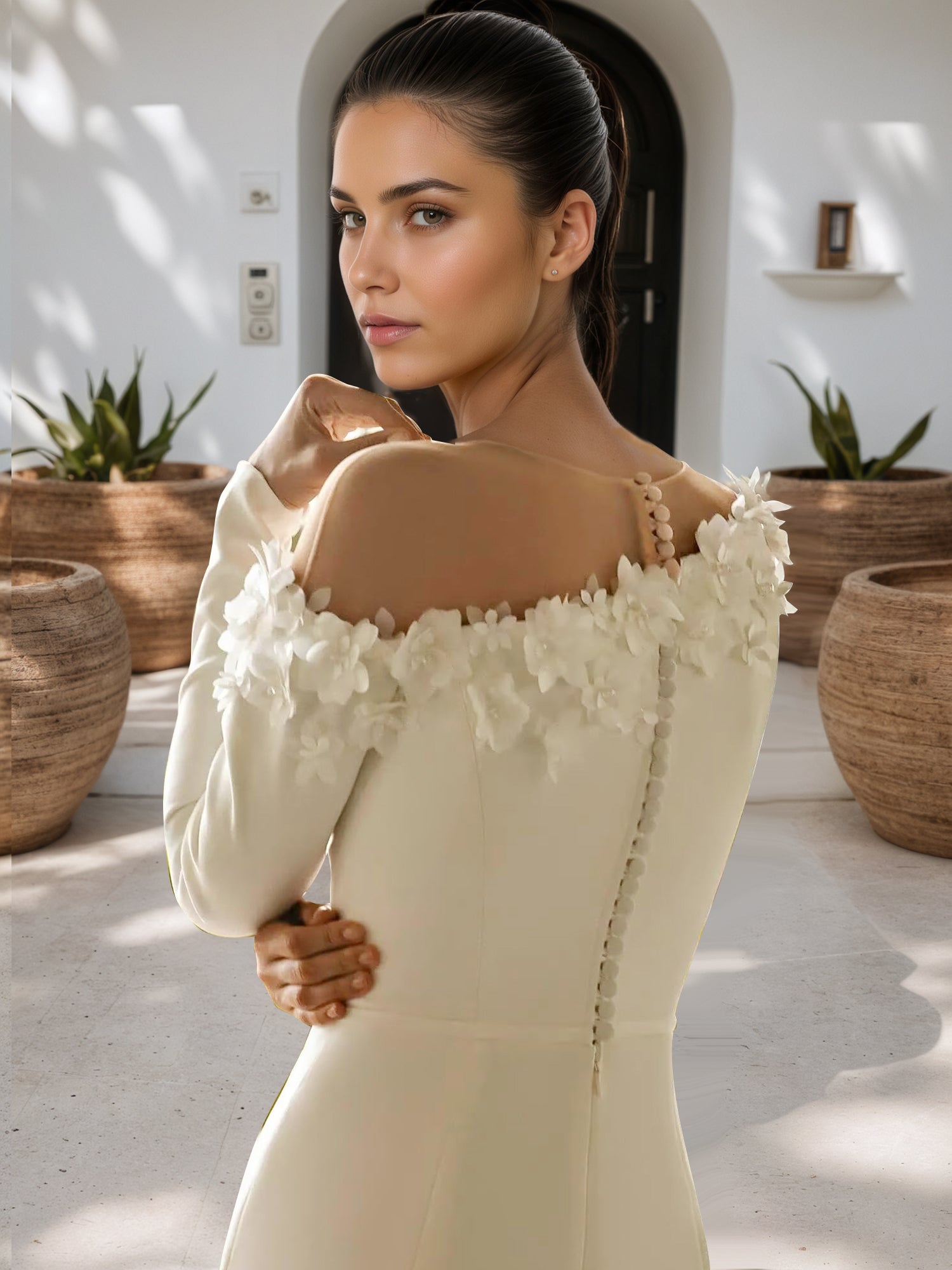 Long Sleeves Beach Wedding Dresses with Flower Mermaid Bridal Dress with Train