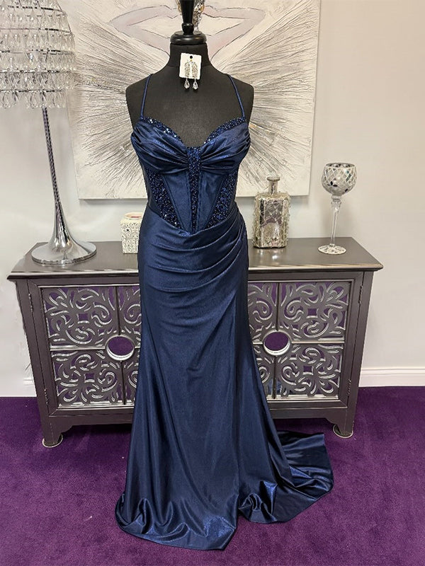 Green Mermaid  Spaghetti Strap Beaded Prom Dress with High Slit