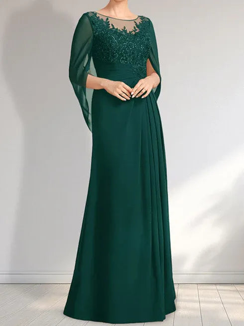 A-Linien Rundhals Illusions bodenlanges Spitzen-Chiffon Kleid für die Brautmutter mit plissierten Pailletten