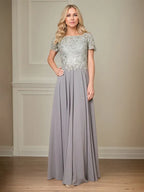 A Line Chiffon Boat Neck Short Sleeves Floor Length Pleated Mother of the Bride Dresses