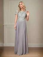 A Line Chiffon Boat Neck Short Sleeves Floor Length Pleated Mother of the Bride Dresses