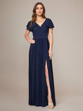 Navy A Line Chiffon V Neck Short Sleeves Floor-Length Bridesmaid Dresses