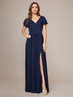 Navy A Line Chiffon V Neck Short Sleeves Floor-Length Bridesmaid Dresses