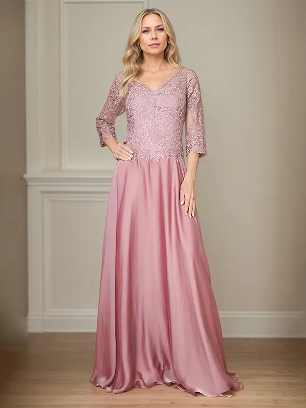 A Line Chiffon V Neck 3/4 Sleeves Floor-Length Mother Of The Bride Dress With Appliques