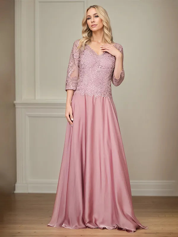 A Line Chiffon V Neck 3/4 Sleeves Floor-Length Mother Of The Bride Dress With Appliques