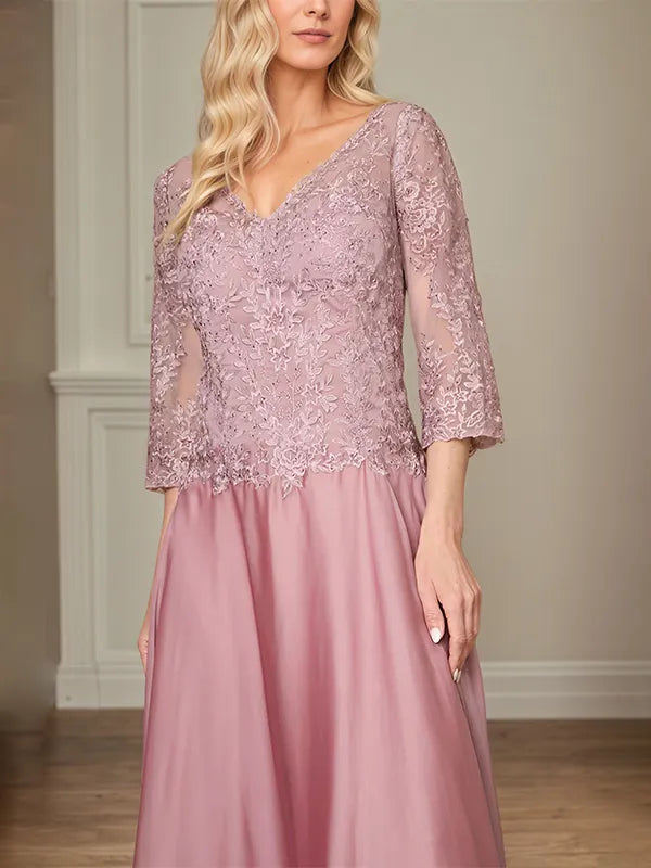 A Line Chiffon V Neck 3/4 Sleeves Floor-Length Mother Of The Bride Dress With Appliques