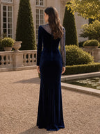 Asymmetric Sequin Illusion Velvet Long Evening Dress Navy Blue Formal Gown