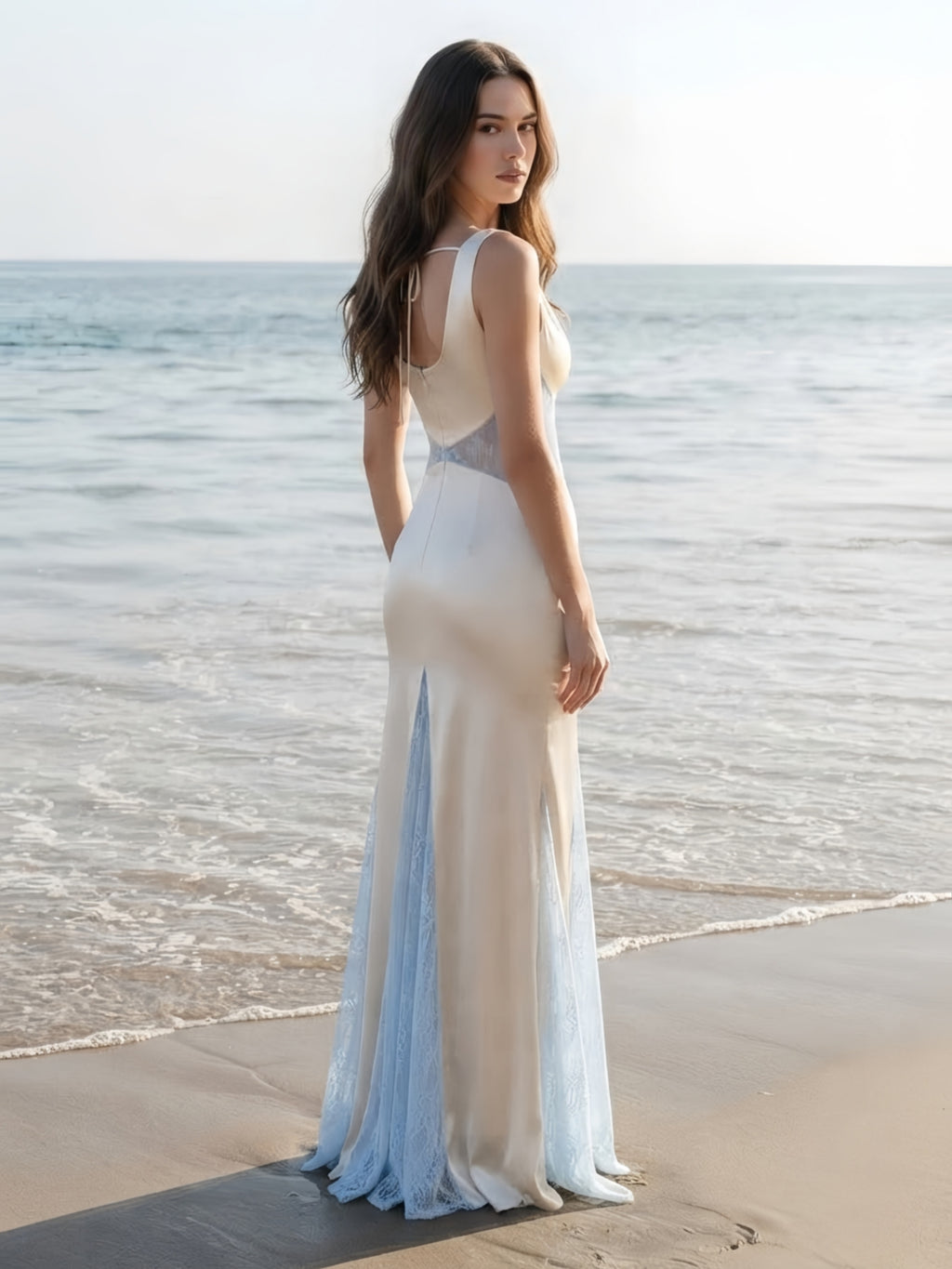Cowl Neck Satin Lace Contrast Long Evening Dress White Formal Gown