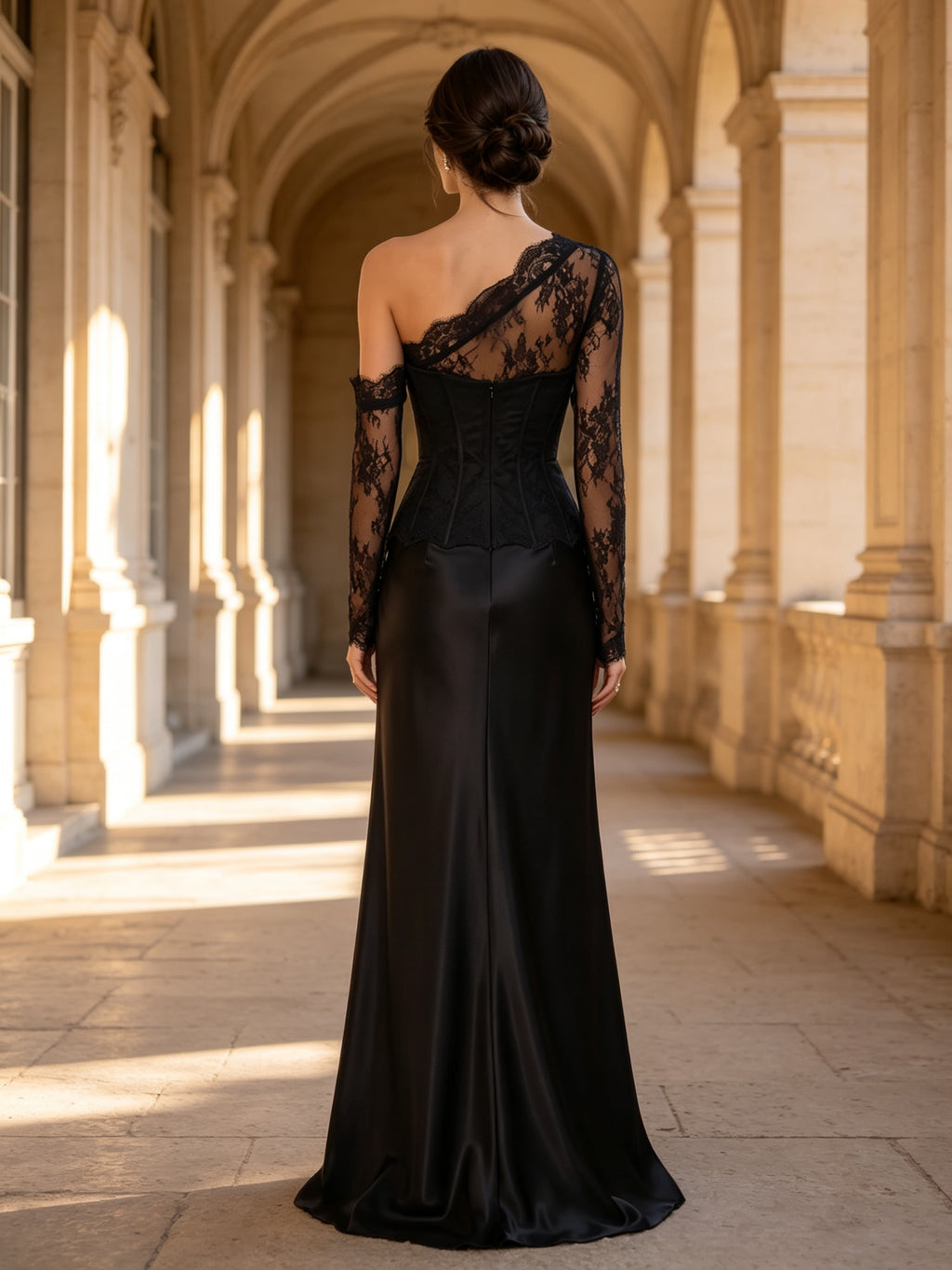 One Shoulder Sheer Lace Long Sleeve Evening Dress Black Formal Gown
