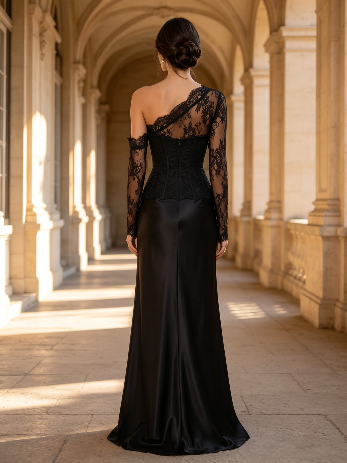 One Shoulder Sheer Lace Long Sleeve Evening Dress Black Formal Gown