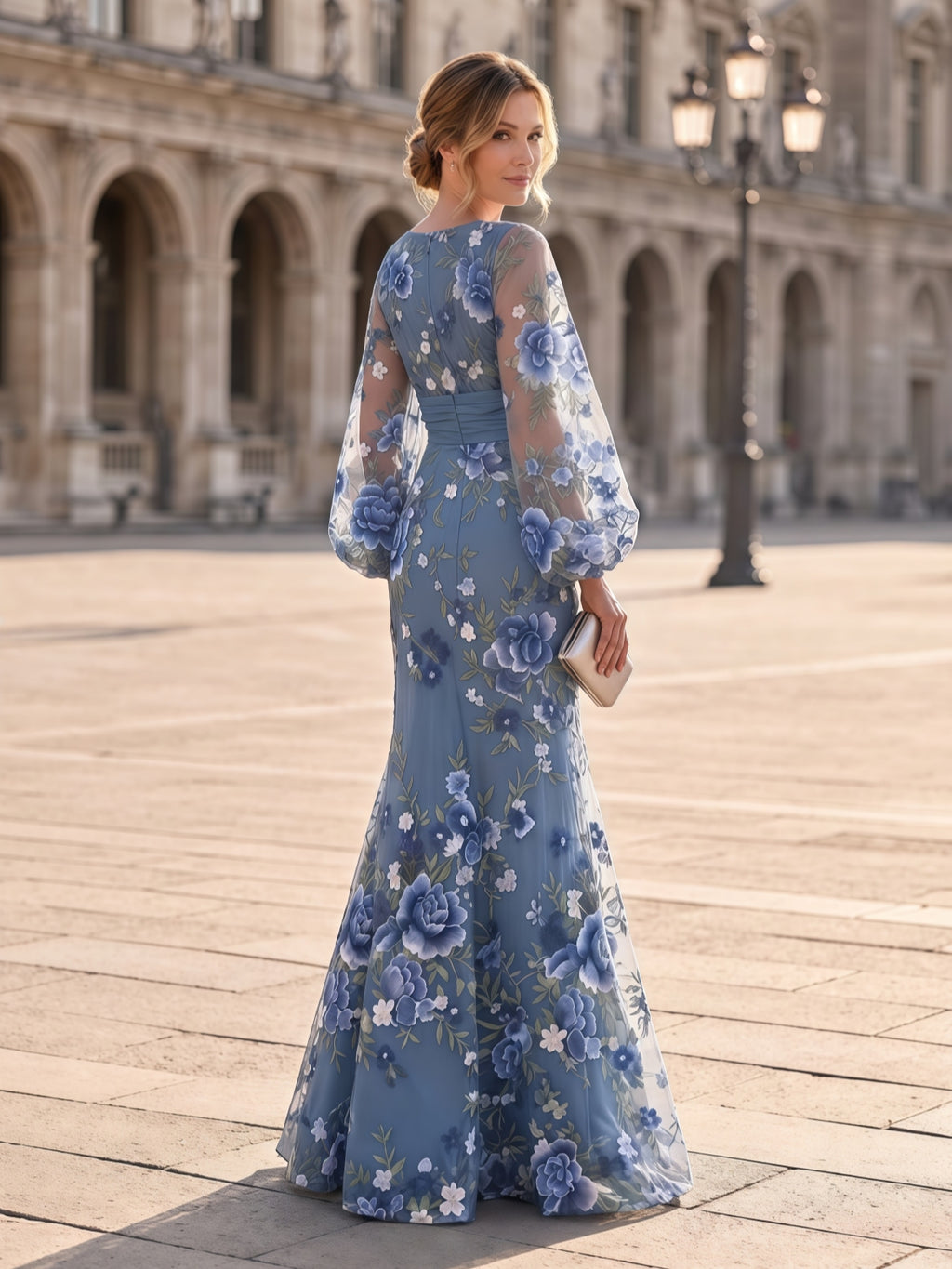 Boat Neck Long Sleeve Embroidered Mesh Evening Dress Formal Gown