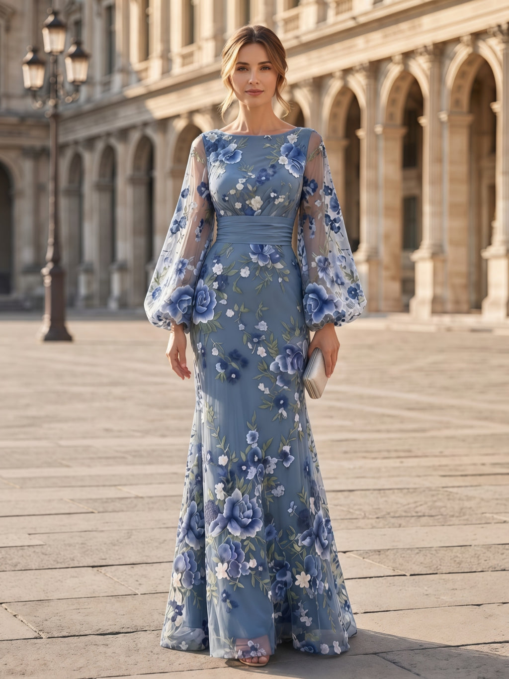 Boat Neck Long Sleeve Embroidered Mesh Evening Dress Formal Gown