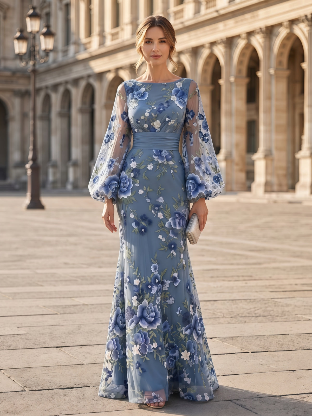 Boat Neck Long Sleeve Embroidered Mesh Evening Dress Formal Gown